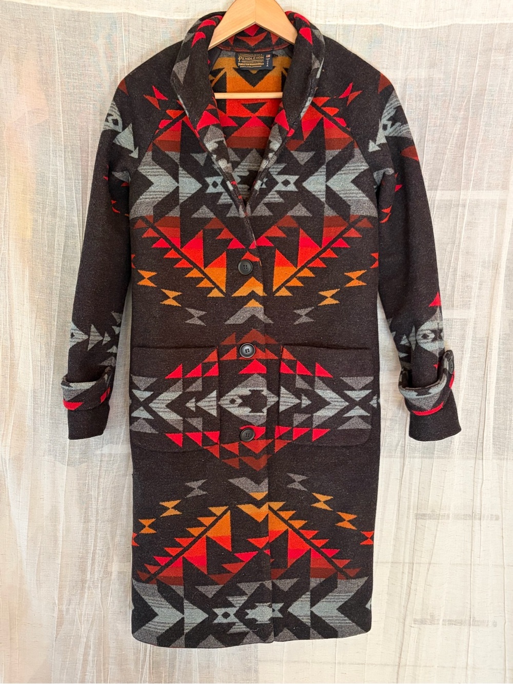 Wool Blend Shawl Collar Coat Dress - Black with Red & Orange Navajo Print